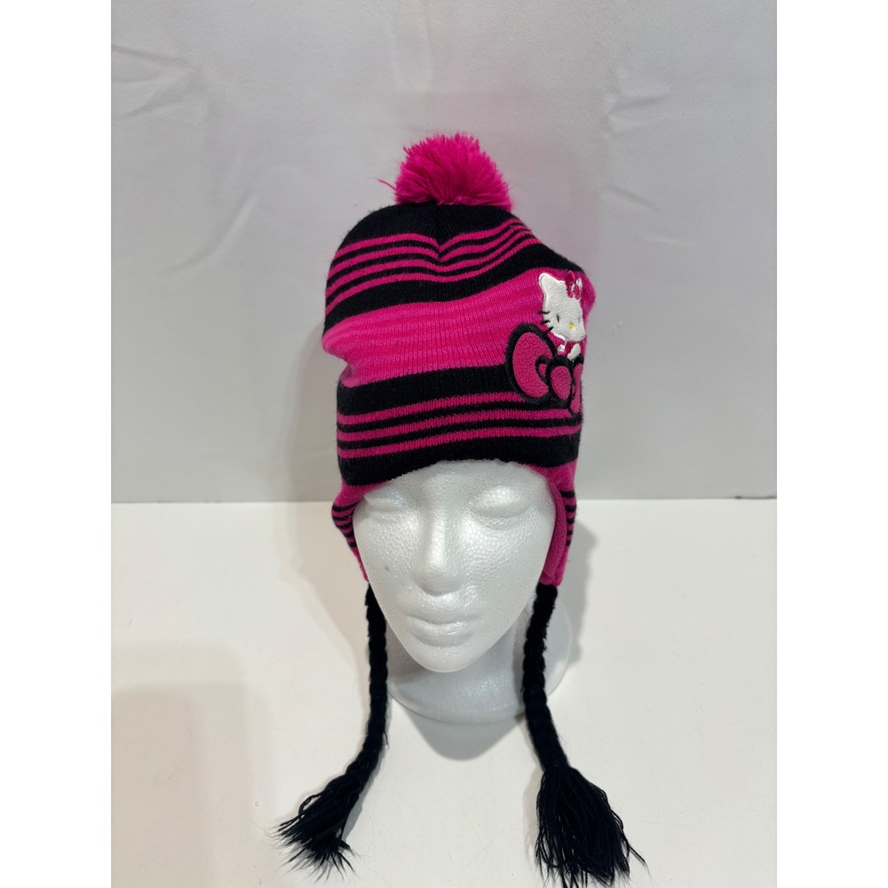 Hello Kitty Beanie Kids OSFM Pink Black Striped Fleece Lined Tassel Earflap Hat